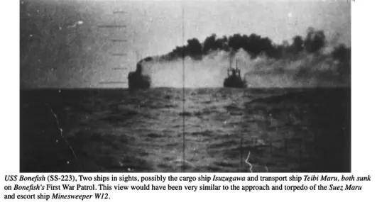 USS Bonefish - Periscope Image, the cargo ship Isuzugawa and transport ship Teibi Maru, both sunk on Bonefish's First War Patrol.