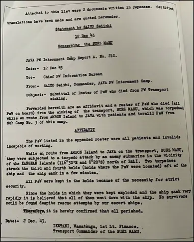 Statement by Saito 12 Dec 1943, including roster of PoW who died in Suez Maru 'sinking', affidavit by Iketani, 2 Dec 1943 (©TNA)